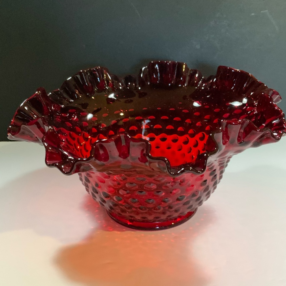 *.     Fenton Bowl Hobnail Crimped Ruby Red 9 in Diameter USA Vintage